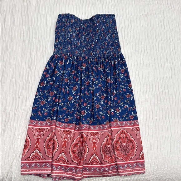 Beachy Floral Strapless Dress in Blue and Pink - Picture 1 of 3